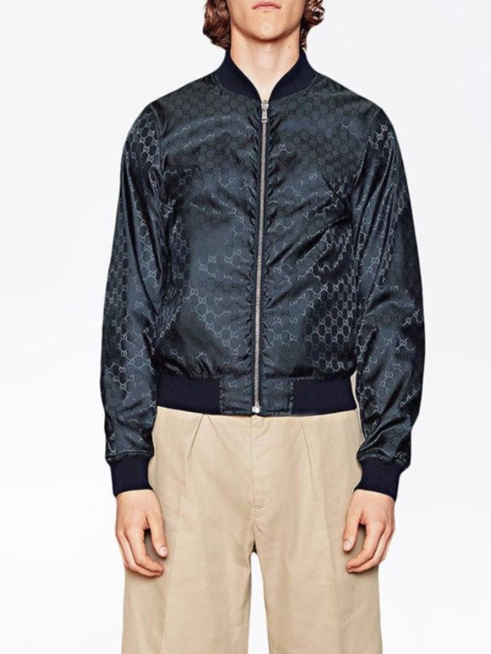 Authentic Gucci Reversible GG Monogram Nylon Bomber Jacket Navy Blue IT 50 LARGE
